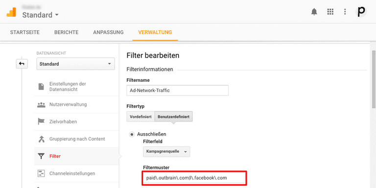 Google Analytics Filter bearbeiten